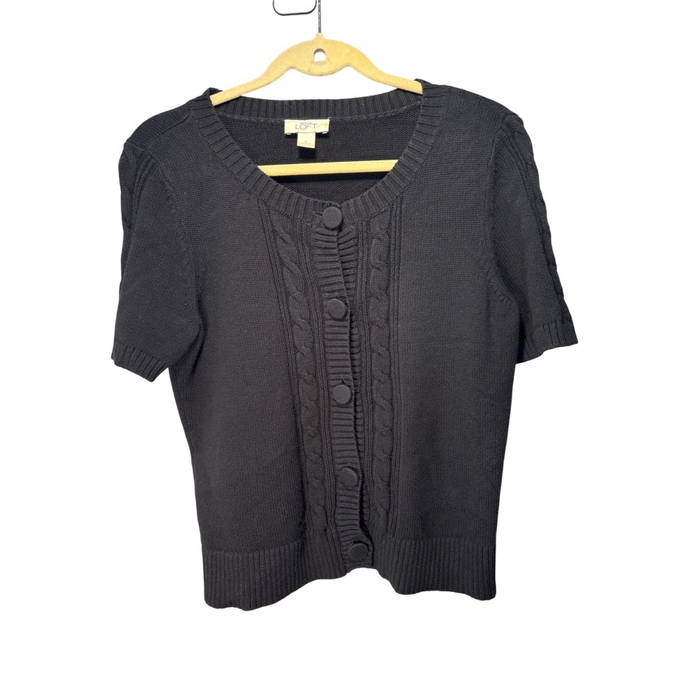 LOFT Womens Black Cotton Cable Knit Short Sleeve Button Front Cardigan Sweater S